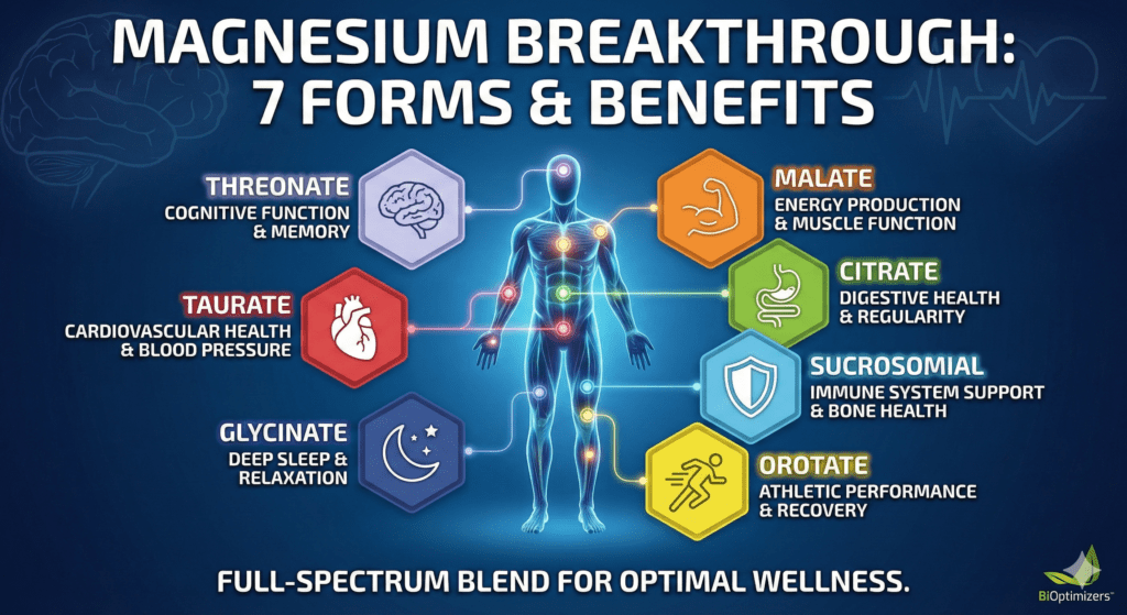 Infographic showing 7 types of magnesium in Magnesium Breakthrough and their health benefits.