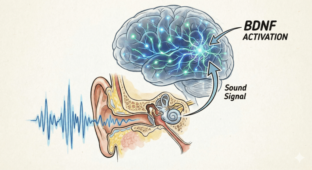 Diagram showing how The Brain Song audio stimulates BDNF in the brain