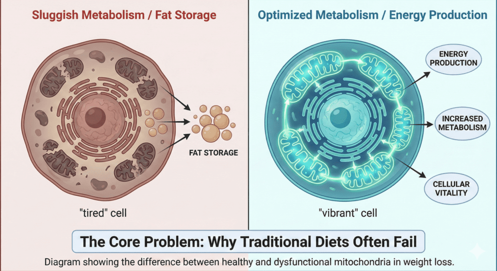 Diagram showing the difference between healthy and dysfunctional mitochondria in weight loss.