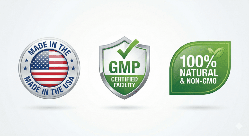 Mitolyn quality assurance badges: GMP certified and Made in USA.