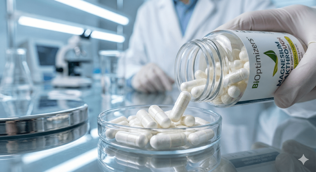 Close-up of BiOptimizers Magnesium Breakthrough capsules showing the premium supplement quality.