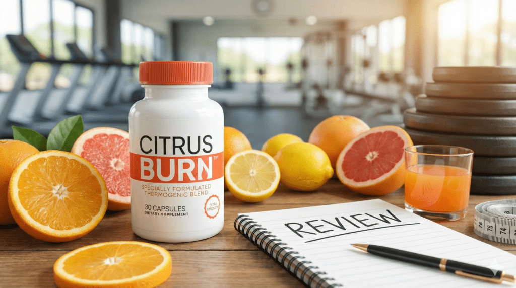 CitrusBurn metabolic support supplement bottle with fresh citrus ingredients.