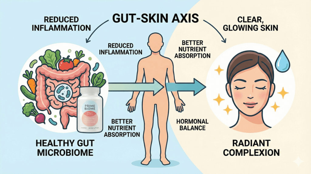 Infographic of the gut-skin axis and PrimeBiome benefits.